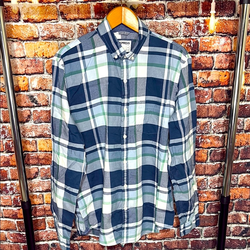Express slim soft wash men’s large button down shirt plaid blue green pocket